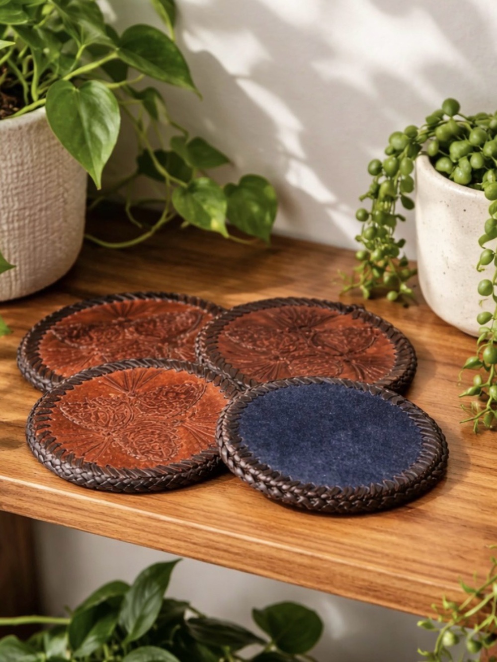 Vintage Rustic Pinecone Leather Coasters Set